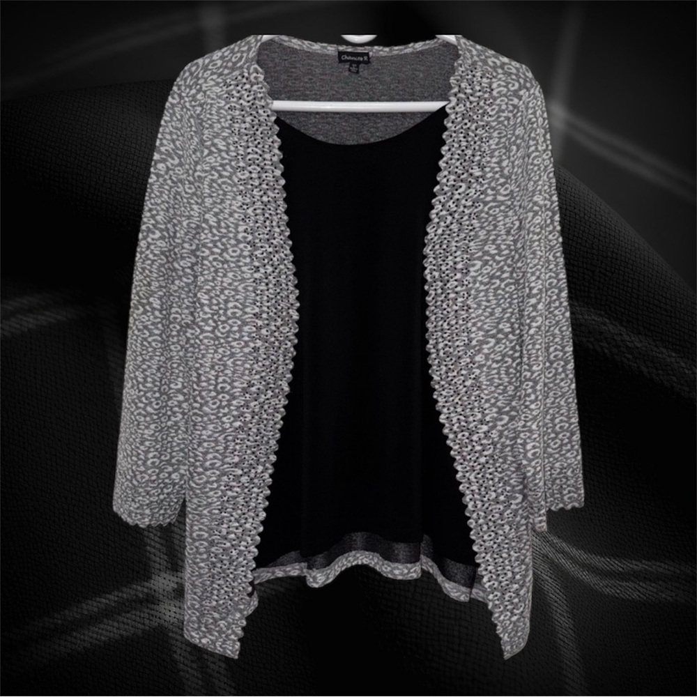 Chances R Gray and Black Cardigan Sweater with Textured Knit